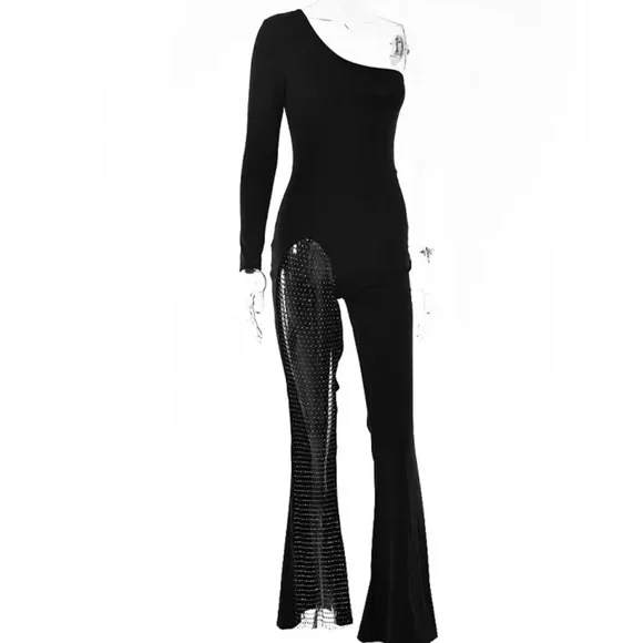 One shoulder mesh rhinestone jumpsuit - Picture 9 of 13